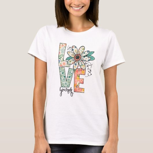Floral LOVE Retro Daisy Illustration T-Shirt (Devant)