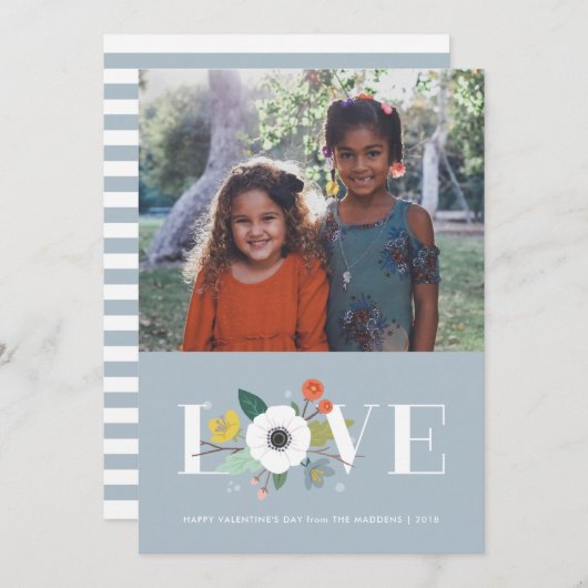 Floral Love Valentijnsdag Kaart - Dusty Blue (Voorkant / Achterkant)