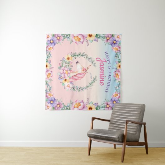 Floral Magical Unicorn Backdrop & Tapestry Wandkleed (In Situ (horizontaal))