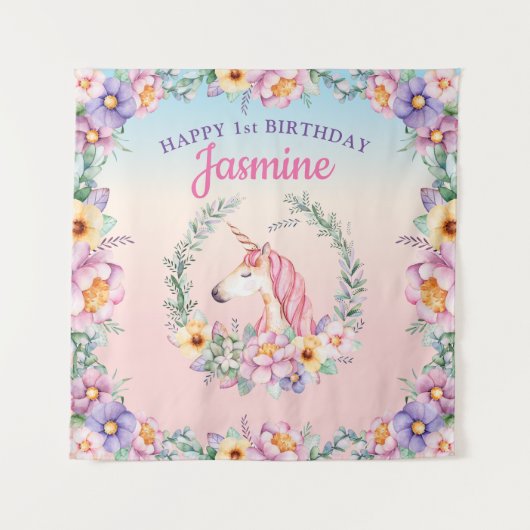 Floral Magical Unicorn Backdrop & Tapestry Wandkleed (Voorkant)