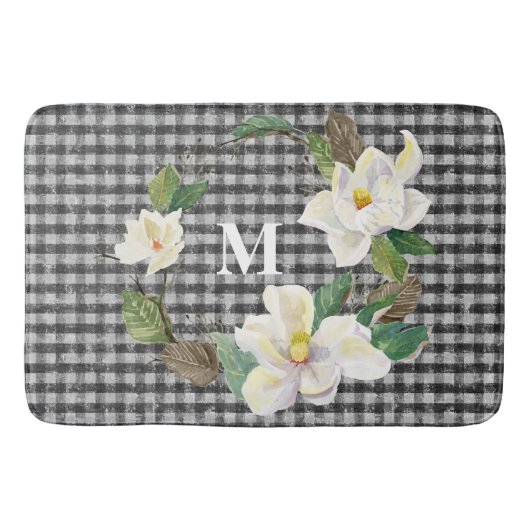 Floral Magnolia Black and White Check w Monogram Badmat (Voorkant)