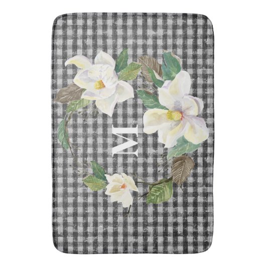 Floral Magnolia Black and White Check w Monogram Badmat (Voorkant Verticaal)