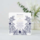 Floral Magnolia krans | Blauw & Goud | Bruiloft Kaart (Staand voorkant)