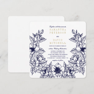 Floral Magnolia krans   Blauw & Goud   Bruiloft Kaart