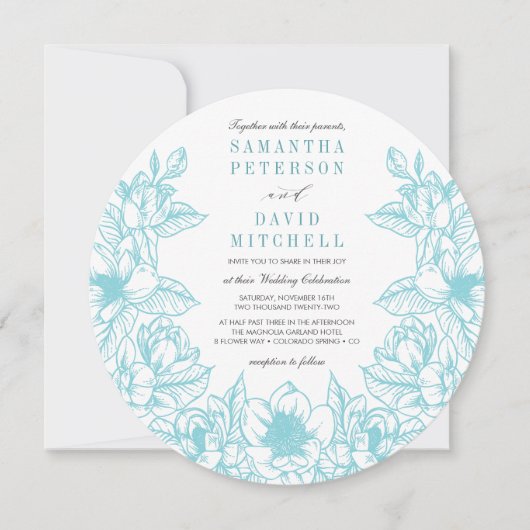 Floral Magnolia krans | Bleek blauw | Bruiloft Kaart (Voorkant)