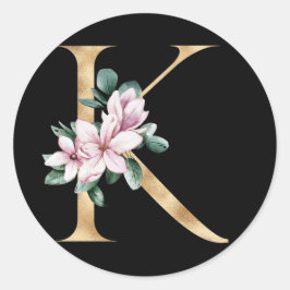 Floral magnolia monogram in gouden letter K Ronde Sticker