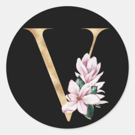 Floral magnolia monogram in gouden letter V Ronde Sticker