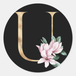 Floral magnolia monogram in goudletter U Ronde Sticker