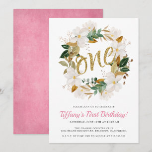 Floral Magnolia Pink en Gold 1e verjaardag Kaart