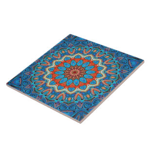 Floral Mandala Bohemien Blue Sinaasappel Elegant Tegeltje