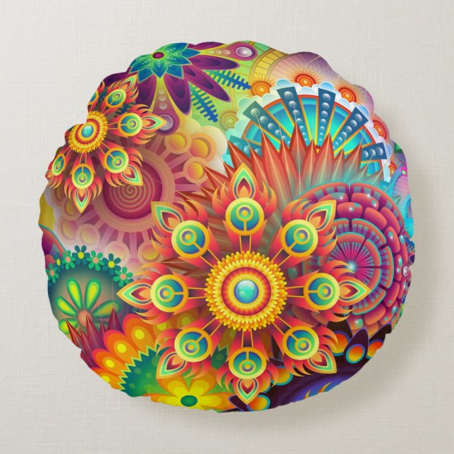 Floral Mandala Collage Psychedelic Rond Kussen (Voorkant)