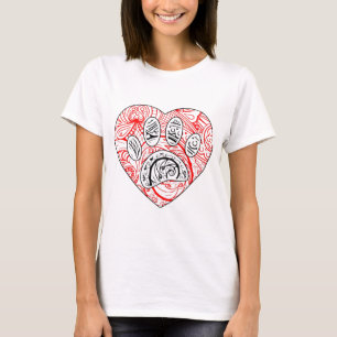 Floral Mandala Dog Paw Print Red Heart T-shirt