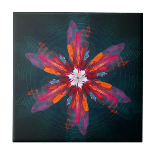 Floral Mandala Flowers Oranje Red Blue Abstract Tegeltje (Voorkant)