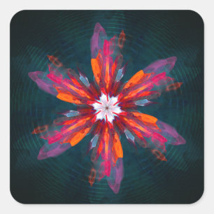 Floral Mandala Flowers Oranje Red Blue Abstract Vierkante Sticker