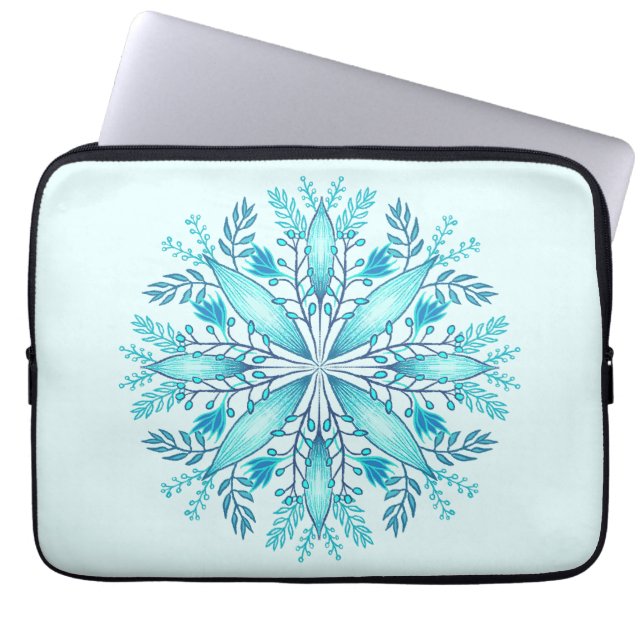 Floral Mandala - Turquoise Blue Boho Snowflake Laptop Sleeve (Voorkant)