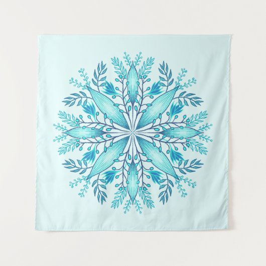 Floral Mandala - Turquoise Blue Boho Snowflake Wandkleed (Voorkant)
