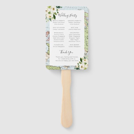Floral Map Travel Theme Wedding Ceremony Programme Handwaaier (Achterkant)
