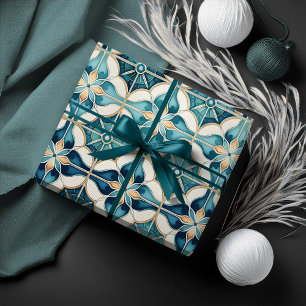 Floral Marokkaanse Tegel Patroon#1 Blauwgroen Wit  Cadeaupapier