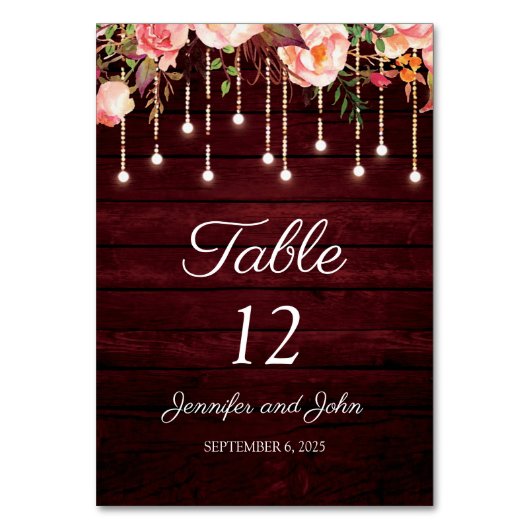 Floral Maroon Wooden Rustic Wedding Kaart (Voorkant)