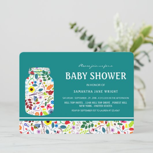 Floral Mason Jar Baby shower Kaart (Staand voorkant)