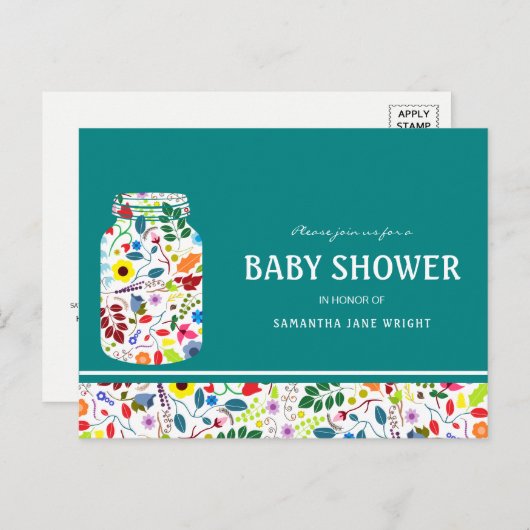 Floral Mason Jar Baby shower Uitnodiging (Voorkant / Achterkant)