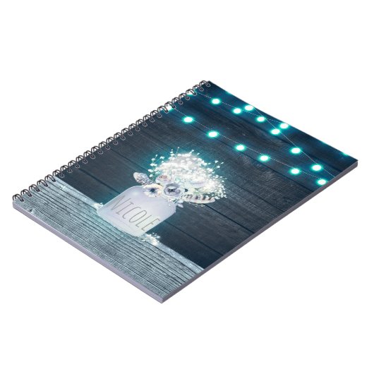 Floral Mason Jar & Blue String Lights Rustic Notitieboek (Linkerzijde)