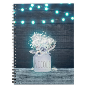 Floral Mason Jar & Blue String Lights Rustic Notitieboek