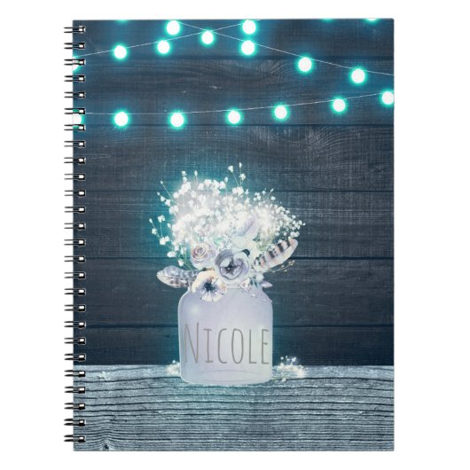 Floral Mason Jar & Blue String Lights Rustic Notitieboek (Voorkant)