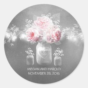 Floral Mason Jar Grijs Roze Bruiloft Ronde Sticker