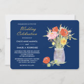 Floral Mason Jar op Navy Blue Wedding Kaart (Voorkant)