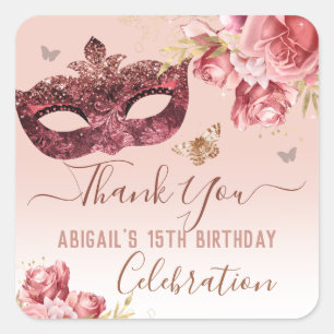 Floral Masquerade Pink Happy 15th Birthday Vierkante Sticker