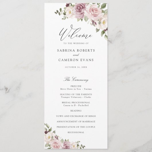Floral Mauve Blush groen Elegant Script bruiloft Programma (Voorkant)