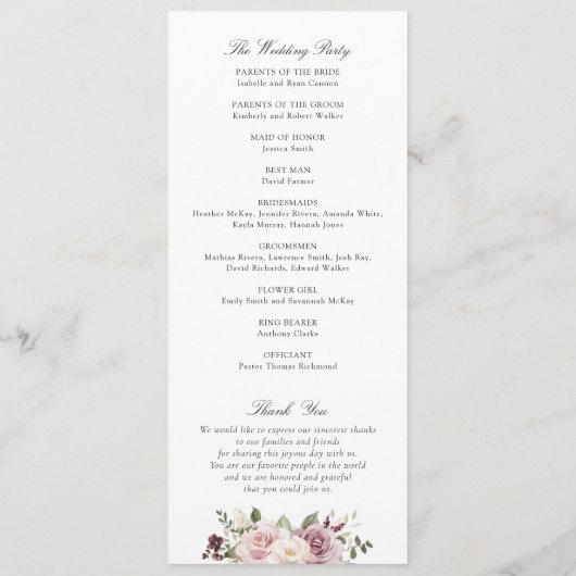 Floral Mauve Blush groen Elegant Script bruiloft Programma (Achterkant)