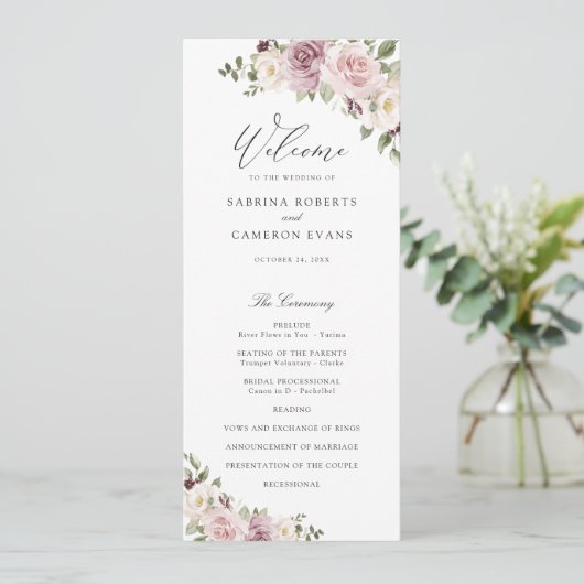 Floral Mauve Blush groen Elegant Script bruiloft Programma (Staand voorkant)