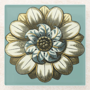 Floral Medallion op lichtblauwe achtergrond Glazen Onderzetter