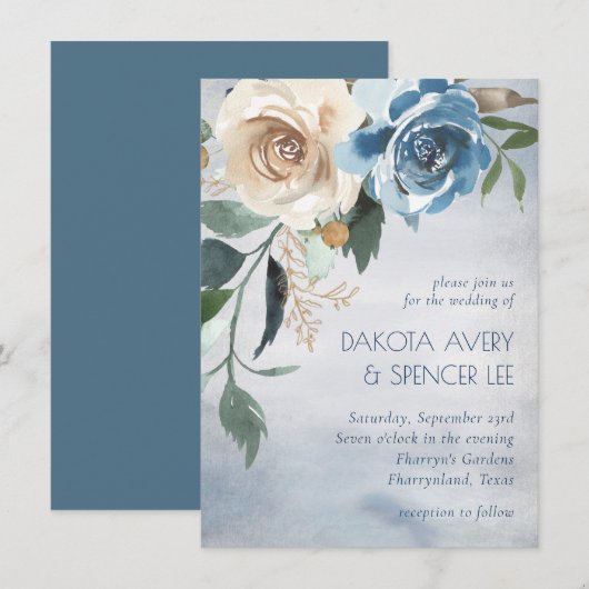 Floral meer | Dusty Blue en Off White Wedding Kaart (Voorkant / Achterkant)