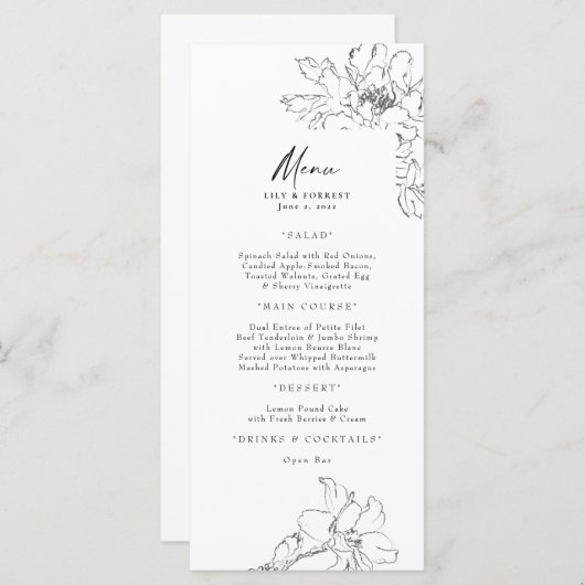 Floral menu Elegant hand-Drawn Potcil (Voorkant / Achterkant)