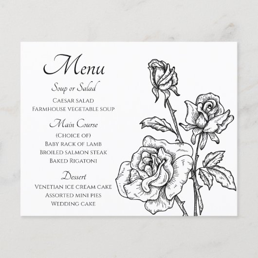 Floral Menu noir blanc Rose Fleurs Mariage (Devant)