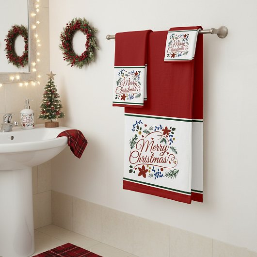 Floral Merry Christmas Bath Towel Set