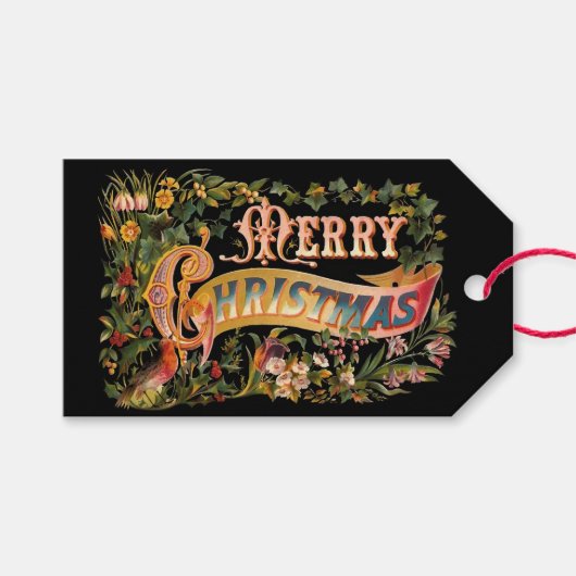   Floral Merry Kerstmis Cadeaulabel (Voorkant (Horizontaal))