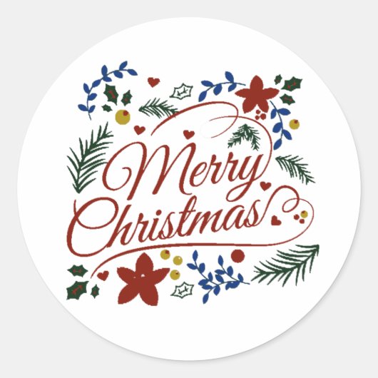 Floral Merry Kerstmis Ronde Sticker (Voorkant)