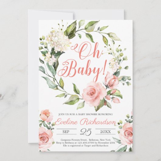 Floral met bulgbose blush roze florale baby kaart (Voorkant)