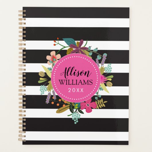Floral met zwarte en witte strepen planner (Voorkant)