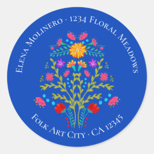 Floral Mexican Fiesta Flowers Royal Blue Adres Ronde Sticker