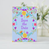 Floral Mexican Fiesta & Papel Picado - Lichtblauw Save The Date (Staand voorkant)