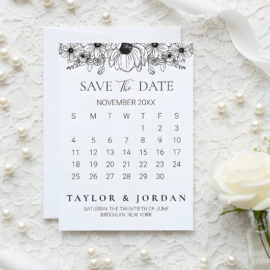 Floral Minimalist Botanical Calendar Wedding  Save The Date