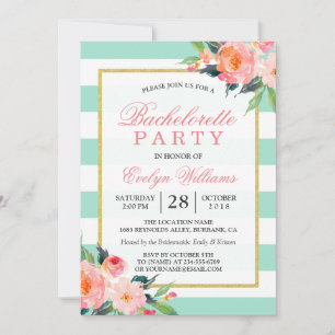Floral Mint Green Stripes Gold Bachelorette Party Kaart