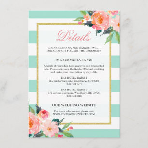 Floral Mint Green Stripes Gold Wedding Details Informatiekaartje