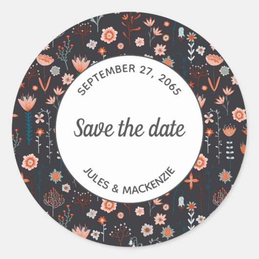 Floral Modern Dark Simple Save the Date Ronde Sticker (Voorkant)
