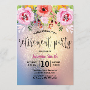 Floral Modern Gold Glitter Retirement Party Kaart